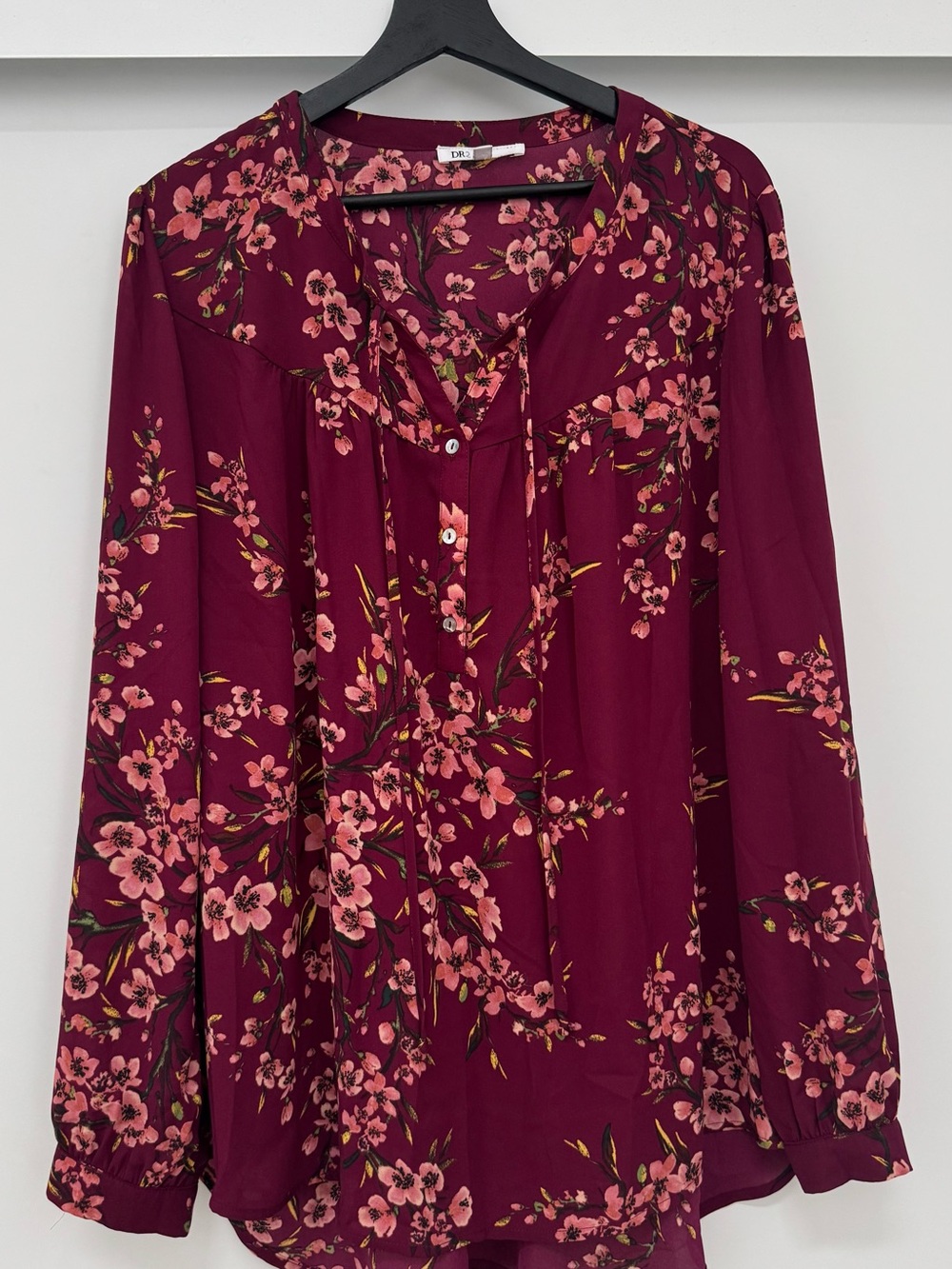 DR2 Burgundy Floral Tie-Neck Blouse with Pink Blossoms
